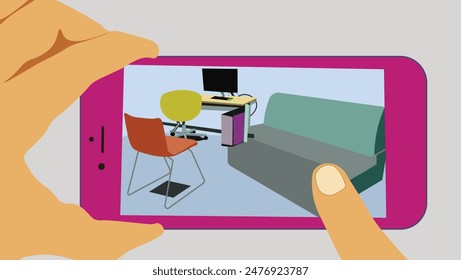 Placing furniture and placement decoration. Home decoration. Photographing interior furniture using a smartphone. Planning the layout of the living room
