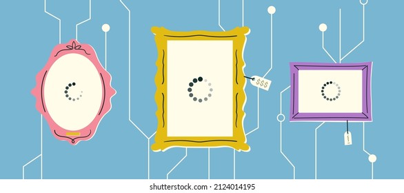 Placing a non-fungible token on the blockchain. NFT virtual gallery. Dependence of intangible assets on the Internet. Reveal of a new token collection, minting process. Flat vector illustration.
