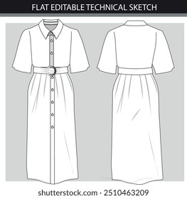 Placket button up shirt long dress with belt flat sketch.