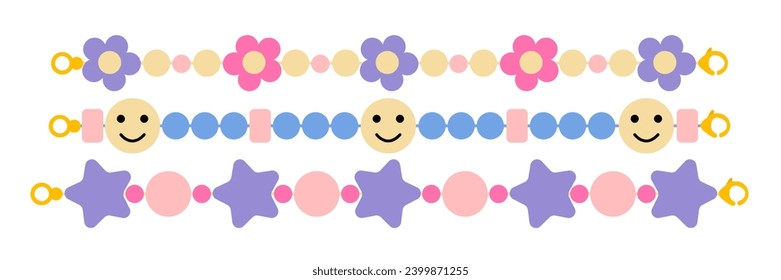 Plactic bead bracelets wit flowers, stars and smiles vector set