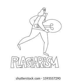 Plagiarism Concept, Infringement Of Copyright. Person In  Mask Stealing An Idea Metaphor. Female Thief Running Away With A Light Bulb In Her Hands. Intellectual Property. Vector Doodle Illustration.