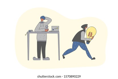 Plagiarism concept, infringement of copyright. Young man creating an idea and bulgar stealing it scene. Thief  in the hood and mask running away with a  bulb in his hands. Vector doodle illustration.
