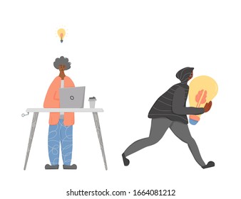 Plagiarism concept, infringement of copyright. Young man creating an idea and pirate stealing it metaphor. Thief  in the hood and mask running away with a  bulb in his hands. Vector flat illustration.