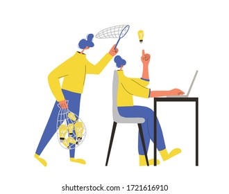 Plagiarism concept, infringement of copyright. Young woman have an idea and bulgar stealing it metaphor. Thief with net for  bulbs.  Vector flat color illustration.