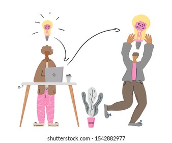 Plagiarism concept. Intellectual property problems. Thief stealing an idea. Infrigement of copyright  metaphor. Vector flat illustration.