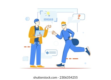 Plagiarism concept with people scene in the flat cartoon style. The manager encourages the employee to generate his own ideas and not engage in plagiarism. Vector illustration.