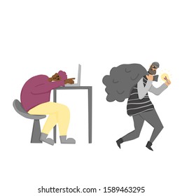 Plagiarism concept. Sleeping at his desk man  and pirate stealing his ideas isolated. Thief in the mask sneaking and running away with a bulb and bag in his hands. Vector flat illustration.