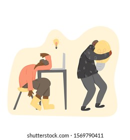 Plagiarism concept. Tired man creating an idea and pirate stealing it metaphor. Thief in the  mask sneaking and running away with a  bulb in his hands. Vector flat illustration.