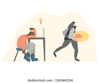 Plagiarism concept. Tired young man creating an idea and pirate stealing it metaphor. Female thief in the mask running away with a  bulb in her hands. Vector flat illustration.