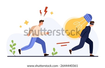 Plagiarism, copy paste of information, piracy and infringement of copyright on creative idea. Tiny thief holding bright light bulb, running away from angry author owner cartoon vector illustration