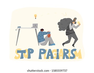 Plagiarism emblem, infringement of copyright. Young upset man and pirate stealing his ideas metaphor. Thief  in the mask running away with bag and bulb in his hands. Vector flat illustration.