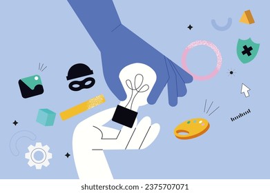 Plagiarism hands concept in the flat cartoon style. Demonstration of hands stealing creative ideas from different artists. Vector illustration.