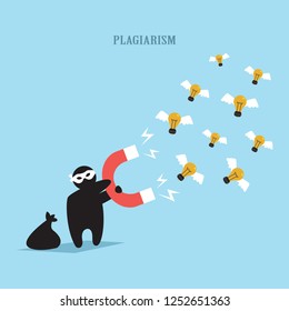 A plagiarism, an imitator, a plagiarism of an idea, a maliciously looking figure of a thief, a stealing idea, a light bulb with wings against a blue background.