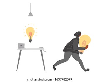 Plagiarism, infringement of copyright. Person in the hood and mask stealing an idea metaphor. Thief running away with a light bulb in his hands isolated on white background. Vector flat illustration.