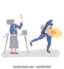 Plagiarism, infringement of copyright. Young woman creating an idea and pirate stealing it scene. Thief in the mask running away with a bulb in her hands. Vector flat illustration.