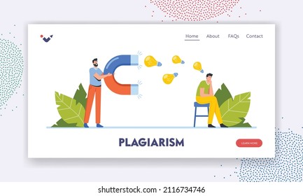 Plagiarism Landing Page Template. Pirate Character Steal Creative Ideas From Man. Thief Pirating Content, Attract Lightbulbs with Magnet. Infringement of Copyright. Cartoon People Vector Illustration