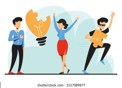 Plagiarism, man steal idea and run away vector isolated. Businessman with idea as light bulb and criminal in black with piece of invention.