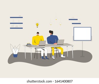 Plagiarism scene. Young man try to create an idea and copycat stealing it. Brainstorming prosess in office or school. Vector flat illustration.