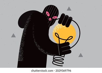Plagiarism and thieving ideas concept. Young fraud thief in black mask and clothes standing holding huge light bulb un hands vector illustration 