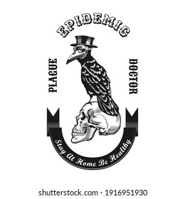 Plague doctor bird emblem design. Monochrome element with crow in mask on skull vector illustration with text. Medieval or epidemic concept for symbols and labels templates