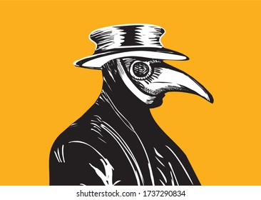 Plague Doctor With Bird Mask And Hat. Medieval Spooky Costume With Long Beak.