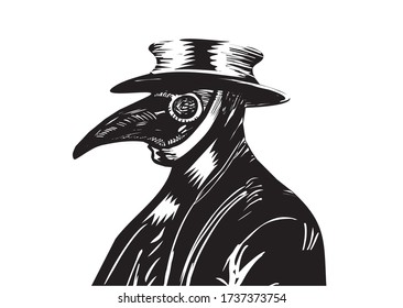 Plague Doctor With Bird Mask And Hat. Medieval Spooky Costume With Long Beak.