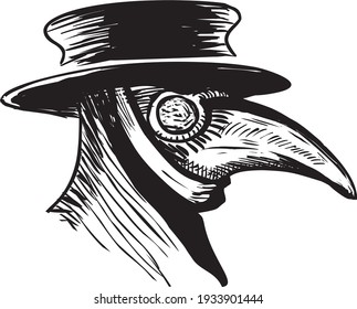 Plague doctor with bird mask and hat. Medieval spooky costume with long beak.