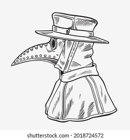 Plague doctor with bird mask and hat. Vector black vintage engraving illustration isolated on a white background.Hand drawn design 


 svg