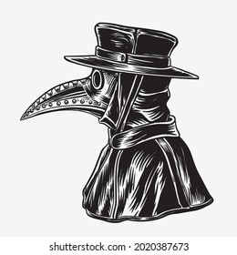 Plague doctor with bird mask and hat. Vector black vintage engraving illustration isolated on a white background.Hand drawn design 


 svg