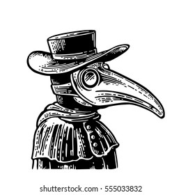 Plague doctor with bird mask and hat. Vector black vintage engraving illustration isolated on a white background. Hand drawn design element for poster quarantine coronavirus svg