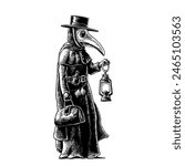 Plague doctor with bird mask, suitcase, lantern, garlic and hat. Vector black vintage engraving illustration isolated on a white background. For poster and book