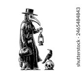 Plague doctor with bird mask, suitcase, lantern, garlic and hat. Crow sitting on human skull. Vector black vintage engraving illustration isolated on a white background. For poster and book