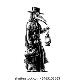 Plague doctor with bird mask, suitcase, lantern, garlic and hat. Vector black vintage engraving illustration isolated on a white background. For poster and book