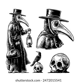 Plague doctor with bird mask, suitcase, lantern, garlic and hat. Crow sitting on human skull. Vector black vintage engraving illustration isolated on a white background. For poster and book