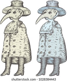 Plague doctor with bird mask. Vector vintage engraving illustration isolated, on a white background. For poster, book, playing cards. the Middle Ages, Gothic culture. (set tarot game).    