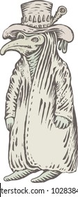 Plague doctor with bird mask. Vector vintage engraving illustration isolated, on a white background. For poster, book, playing cards. the Middle Ages, Gothic culture. (set tarot game).    