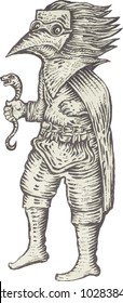 Plague doctor with bird mask. Vector vintage engraving illustration isolated, on a white background. For poster, book, playing cards. the Middle Ages, Gothic culture. (set tarot game).    