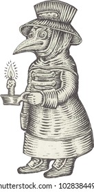 Plague doctor with bird mask. Vector vintage engraving illustration isolated, on a white background. For poster, book, playing cards. the Middle Ages, Gothic culture. (set tarot game).    