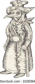 Plague doctor with bird mask. Vector vintage engraving illustration isolated, on a white background. For poster, book, playing cards. the Middle Ages, Gothic culture. (set tarot game).    
