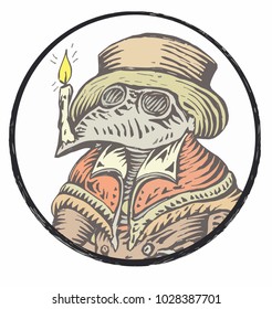 Plague doctor with bird mask. Vector vintage engraving illustration isolated, on a white background. For poster, book, playing cards. the Middle Ages, Gothic culture. (set tarot game).    