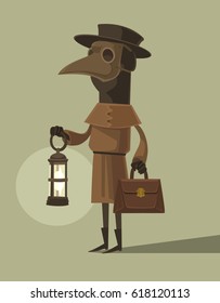 Plague doctor character mascot in crow mask hold lamp. Vector flat cartoon illustration