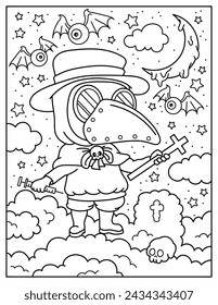 Plague doctor, clouds. Coloring book for children. Coloring book for adults. Halloween.