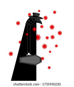 Plague doctor and Coronavirus. Medieval doc treat pandemic and epidemic. vector illustration
