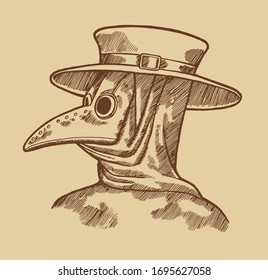 Plague doctor, etching style vintage vector illustration. 