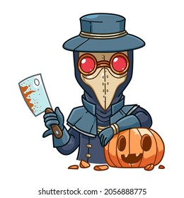 Plague Doctor. Halloween pumpkin and a plague doctor . Vector illustration in a cartoon style.Isolated on white background. Elements for you Halloween. 