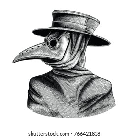 Plague doctor hand drawing vintage engraving isolate on white background