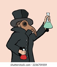 Plague doctor in a hat, raincoat and mask with beakers in his hands