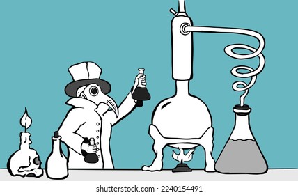 A plague doctor in a hat, raincoat and mask with beakers in his hands works in his laboratory with an alembic and a skull with a candle. Black and white vector illustration.