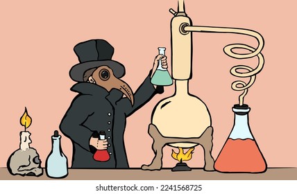 A plague doctor in a hat, raincoat and mask with beakers in his hands works in his laboratory with an alembic and a skull with a candle. 