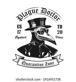 Plague doctor head emblem design. Monochrome element with mask and costume vector illustration with text. Medieval or epidemic concept for symbols and labels templates